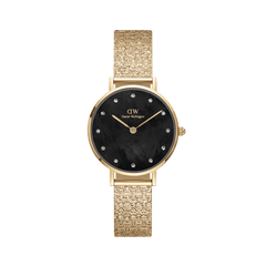 Petite Lumine Pressed Piano Gold women’s watch with black mother-of-pearl dial, crystal markers, and gold mesh bracelet.