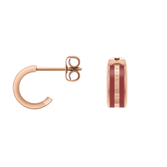 Pair of Emalie rose gold hoop earrings with cherry blush enamel inlay and subtle Daniel Wellington branding, shown with secure stud fastenings.