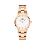 Daniel Wellington Iconic Link Rose Gold watch with a three-piece polished rose gold stainless steel bracelet and a clean white minimalist dial.