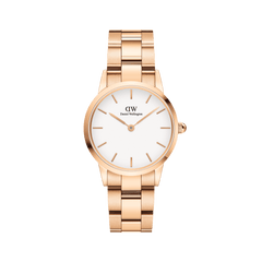 Daniel Wellington Iconic Link Rose Gold watch with a three-piece polished rose gold stainless steel bracelet and a clean white minimalist dial.