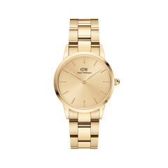 Daniel Wellington Iconic Link Unitone G women’s gold watch with minimalist gold dial and polished link bracelet.