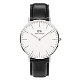 Classic Sheffield Silver watch with minimalist white dial, polished silver case and black leather strap, timeless unisex style.