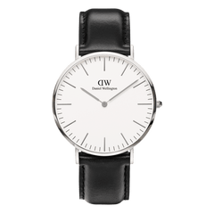 Classic Sheffield Silver watch with minimalist white dial, polished silver case and black leather strap, timeless unisex style.