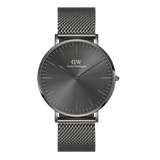 Classic Mesh Graphite watch featuring a minimalist graphite sunray dial, slim silver hands, and a sleek graphite grey mesh bracelet.