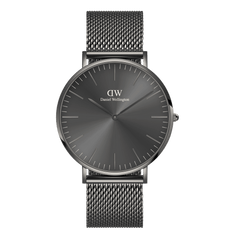 Classic Mesh Graphite watch featuring a minimalist graphite sunray dial, slim silver hands, and a sleek graphite grey mesh bracelet.