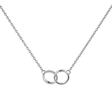 Silver necklace featuring two interlocking polished rings on a delicate chain, showcasing a minimalist and elegant design.