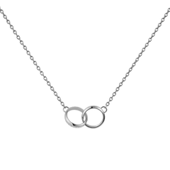 Silver necklace featuring two interlocking polished rings on a delicate chain, showcasing a minimalist and elegant design.