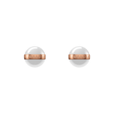 Pair of Aspiration Earrings featuring smooth satin white ceramic spheres encircled by rose gold plated stainless steel bands with engraved detailing.