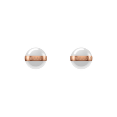 Pair of Aspiration Earrings featuring smooth satin white ceramic spheres encircled by rose gold plated stainless steel bands with engraved detailing.