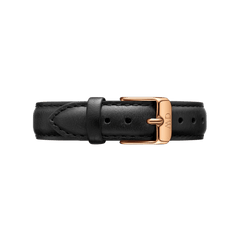 Black genuine leather watch strap with a rose gold buckle, designed for the Daniel Wellington Petite Sheffield.