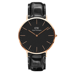 Classic Reading Black Rose Gold watch featuring a black croc-embossed leather strap, a slim rose gold case, and a minimalist black dial with rose gold markers and hands.