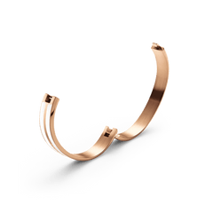 Open Emalie Infinite Rose Gold Satin White bangle showing the satin white enamel inlay and integrated clasp mechanism.