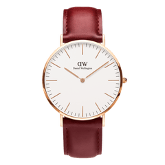Classic Suffolk watch featuring a minimalist eggshell white dial, rose gold case, and a rich burgundy genuine leather strap.