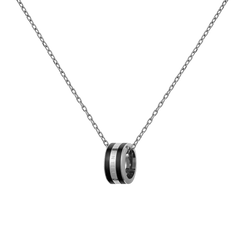 Silver necklace featuring a delicate chain and a polished ring pendant with black enamel detailing.