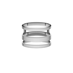 Contemporary silver ring with a three-band open structure, crafted from polished stainless steel for a sleek, modern look.