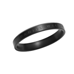 Matte black stainless steel ring with engraved Daniel Wellington logo and a minimalist, unisex design.