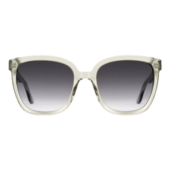 Oversized square sunglasses with translucent olive bio-acetate frames and black gradient lenses, shown from the front.