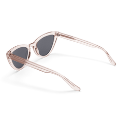Lynx Bio-Acetate Clear Pink/Black sunglasses with a transparent pastel pink cat eye frame and black lenses, shown from the back to highlight the slim arms and modern styling.