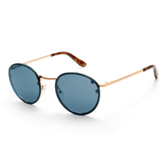 Arch Steel Blue Rose Gold sunglasses featuring round blue nylon lenses, a slim rose gold stainless steel frame, and tortoiseshell temple tips.