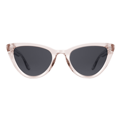 Cat eye sunglasses with a clear pastel pink bio-acetate frame and sleek black lenses, offering a modern yet retro-inspired look.