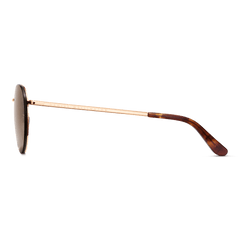 Side view of Arch Steel Brown Rose Gold sunglasses showing the slim rose gold stainless steel arm with Daniel Wellington branding and a tortoiseshell acetate temple tip.