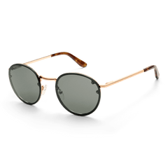 Daniel Wellington Arch Steel Green Rose Gold sunglasses featuring round green nylon lenses, a slim rose gold stainless steel frame, and tortoiseshell-inspired temple tips.