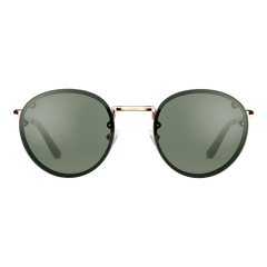 Round sunglasses with deep green nylon lenses, a slim rose gold stainless steel frame, and minimalist detailing from Daniel Wellington.