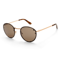 Round Arch Steel Brown Rose Gold sunglasses with a slim rose gold stainless steel frame, brown nylon lenses, and tortoiseshell acetate temple tips.