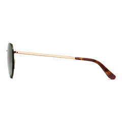 Side view of the Arch Steel Green Rose Gold sunglasses showing the slim rose gold arm with Daniel Wellington branding and a tortoiseshell-inspired temple tip.