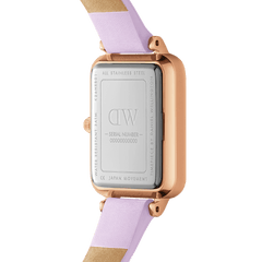Back view of the Quadro Lavender women’s watch showing the engraved stainless steel case, rose gold detailing, and pastel purple Italian leather strap.