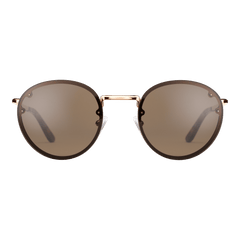 Round rose gold sunglasses with a minimalist stainless steel frame and brown nylon lenses, featuring adjustable nose pads and lightweight arms.