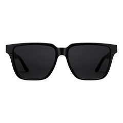 Rectangular black bio-acetate sunglasses with a bold, oversized frame and matching black lenses, offering a modern and sophisticated look.