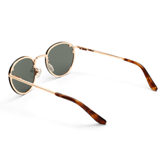 Arch Steel Green Rose Gold sunglasses by Daniel Wellington with round green lenses, slim rose gold stainless steel arms, and tortoiseshell-inspired temple tips.