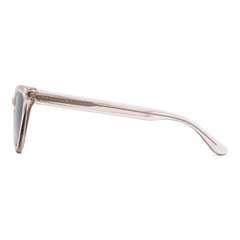 Side view of Lynx Bio-Acetate sunglasses showing the transparent pastel pink cat eye frame and subtle Daniel Wellington branding on the arm.