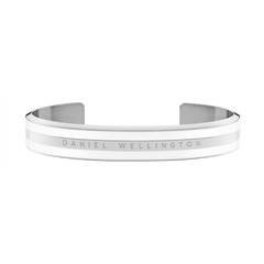 Daniel Wellington Emalie Bracelet in polished silver-tone stainless steel with satin white enamel and subtle engraved branding, shown as a sleek open cuff.