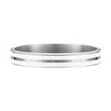 Contemporary silver bangle bracelet featuring a satin white enamel stripe and Daniel Wellington engraved detail, crafted from stainless steel.