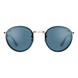 Round sunglasses with blue nylon lenses and a slim rose gold stainless steel frame, featuring minimalist styling and a lightweight design.