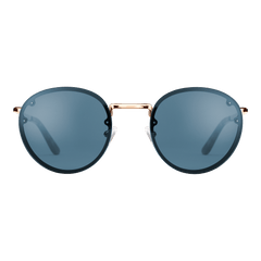 Round sunglasses with blue nylon lenses and a slim rose gold stainless steel frame, featuring minimalist styling and a lightweight design.