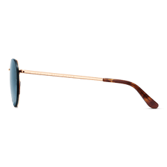 Side view of Arch Steel Blue Rose Gold sunglasses showing the slim rose gold stainless steel arm with Daniel Wellington branding and a tortoiseshell acetate temple tip.